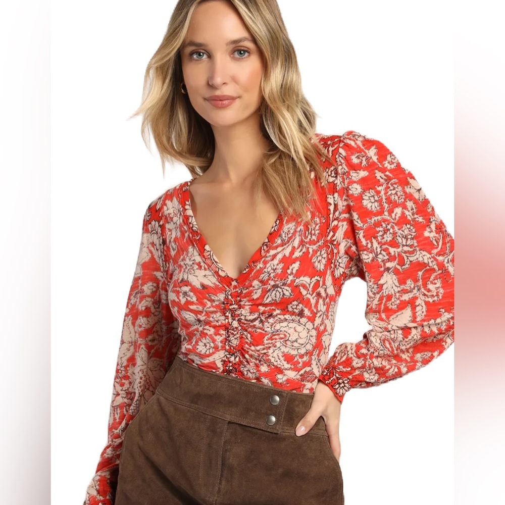 Free People Say The Word Red Floral Print Balloon Sleeve Bohemian Top Size S